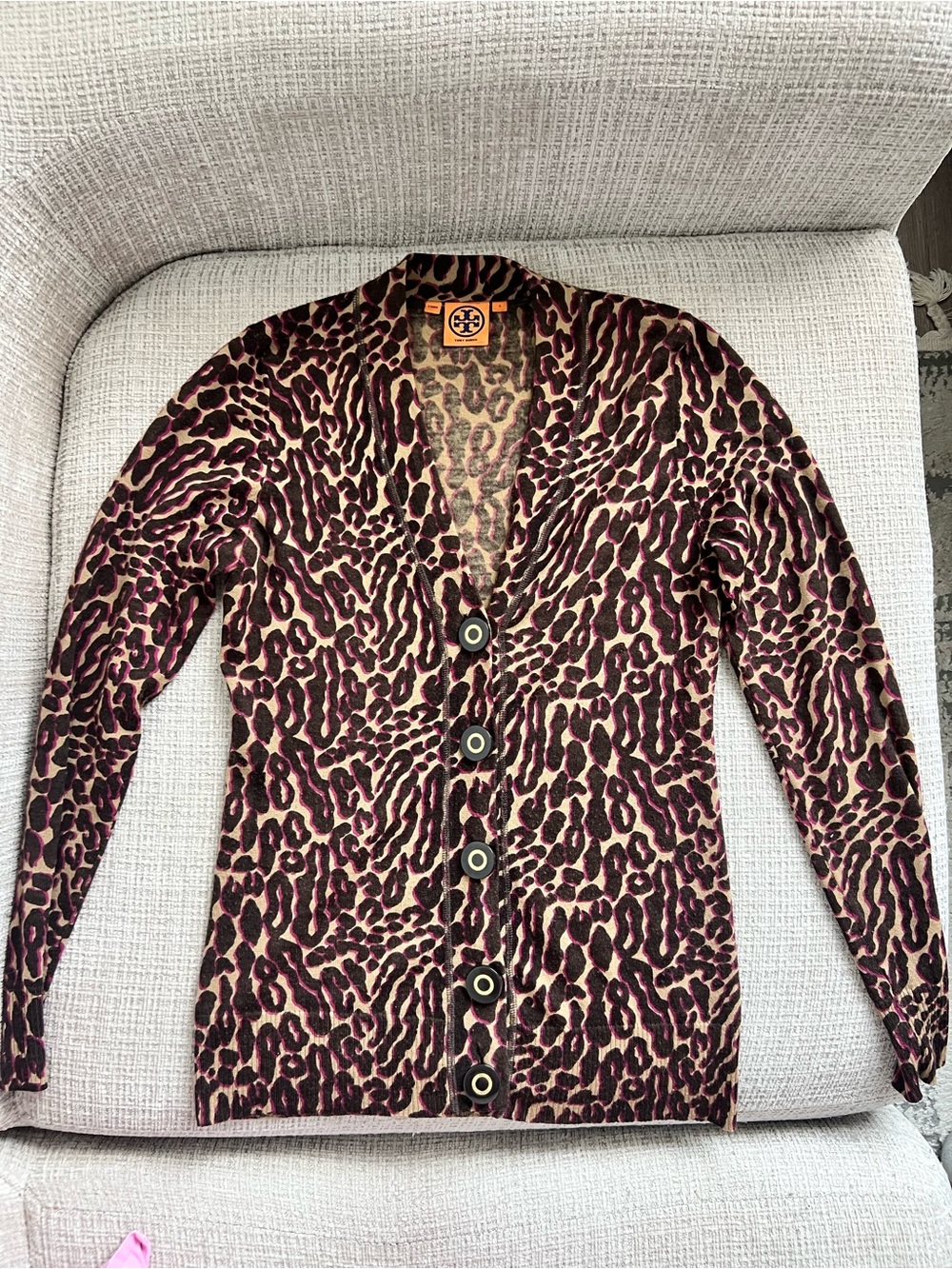 Tory Burch Pink and Black Leopard Print Cardigan
